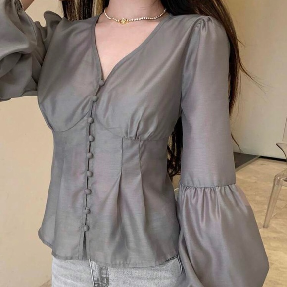 Solid Button Through Bishop Sleeve Blouse - Picture 3 of 7